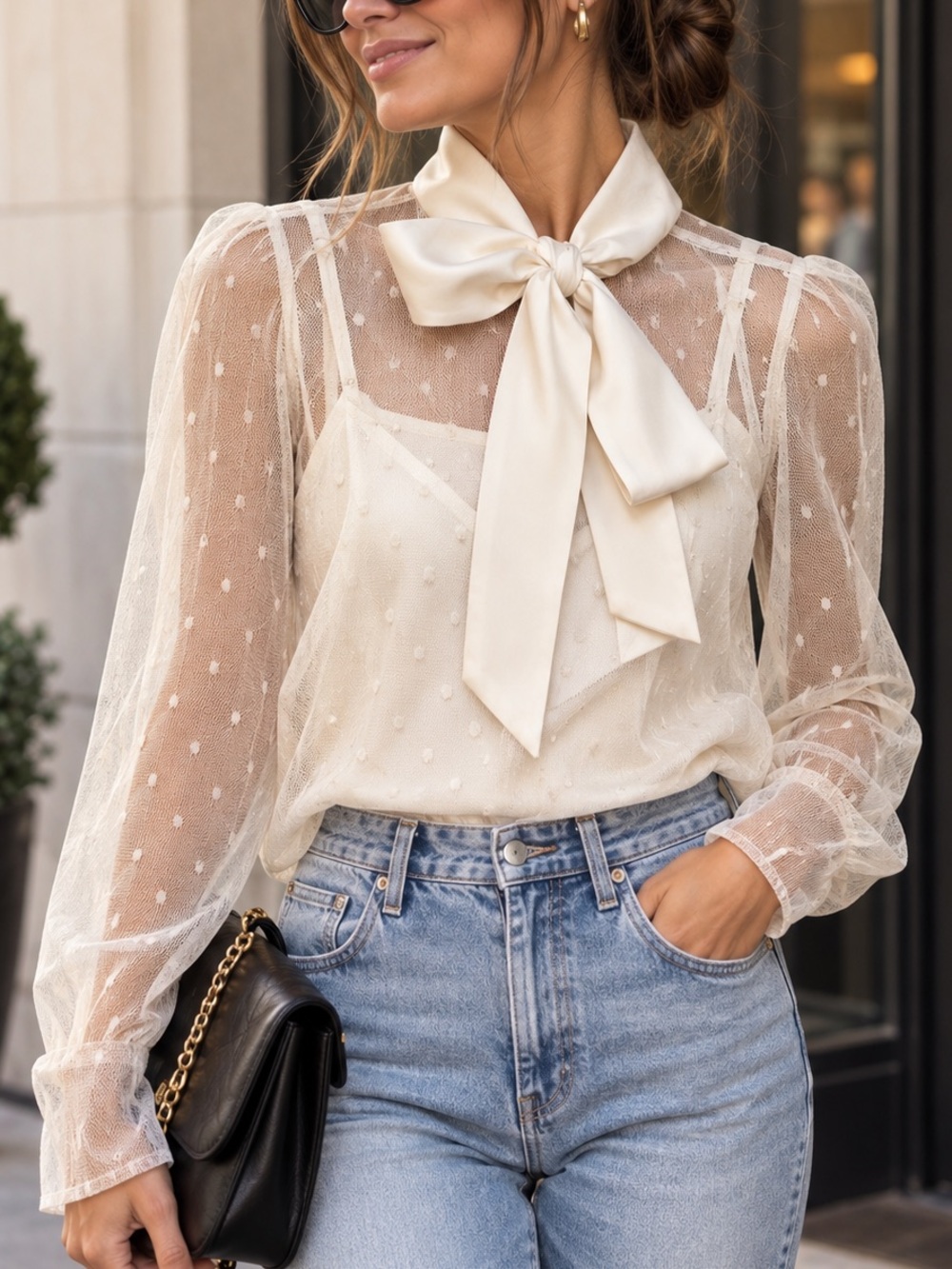 Express Ivory Sheer Swiss Dot Mesh Bow Blouse XS